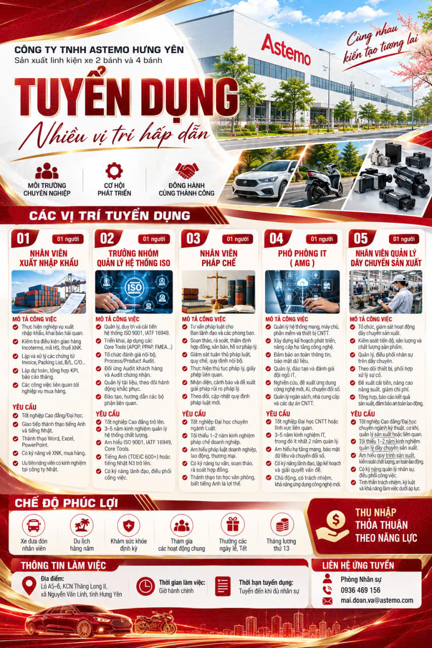TB TUYỂN DỤNG CÔNG TY ASTEMO HƯNG YÊN